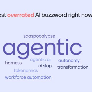 Word cloud about AI buzzwords with 'agentic' prominently displayed and terms like autonomy, transformation, tokenomics surrounding it.
