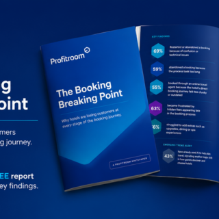 Blue Profitroom marketing image featuring a brochure titled 'The Booking Breaking Point' with a 'Download the FREE report' call to action.