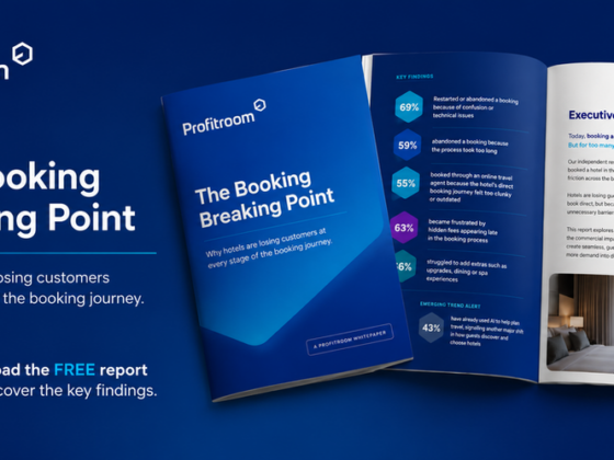 Blue Profitroom marketing image featuring a brochure titled 'The Booking Breaking Point' with a 'Download the FREE report' call to action.