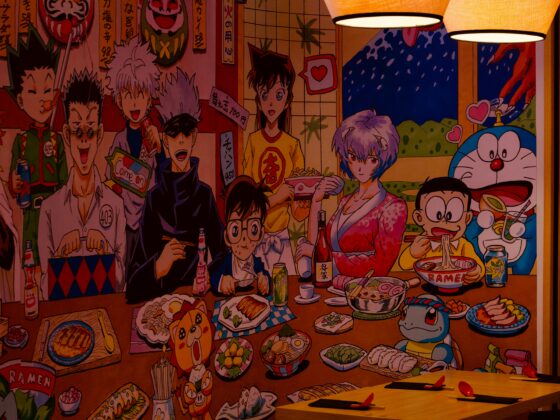 Colorful anime-style mural inside a ramen shop, showing customers eating, neon RAMEN sign, and hanging lamps.