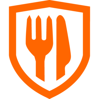 Orange shield icon containing a fork and knife, symbolizing food safety or dining protection.