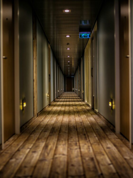 Dim hotel hallway with closed doors along both sides and a wooden floor, fading to a doorway at the far end.