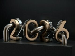 Shiny metallic 3D numbers forming '2023' on a black pedestal against a dark grid background.