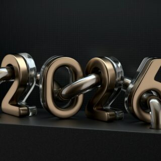 Shiny metallic 3D numbers forming '2023' on a black pedestal against a dark grid background.