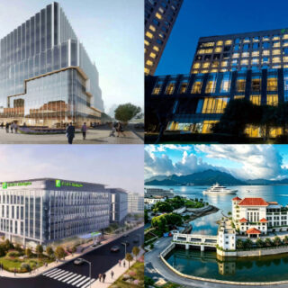 Modern glass office building with a stepped design and people in a plaza in front of it, daytime take.