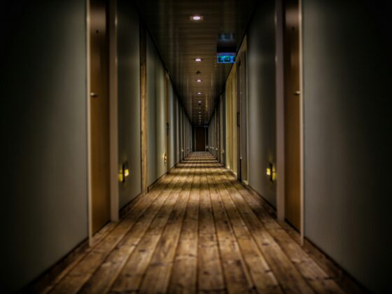 Long dim hallway with wooden floor, doors along both walls, and small warm wall lights fading into the distance.
