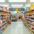 A brightly lit supermarket aisle filled with colorful packaged snacks on shelves, with a central sign listing Chocolate Sweets, 16, Biscuits and Cereal bars.
