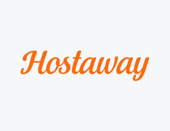 Hostaway logo in orange cursive on a light gray background.
