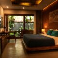 Wood-paneled hotel room with a large bed and teal pillows, warm lamps, and a view of a tropical garden through glass doors