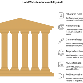 Temple illustration on the left with the title 'Hotel Website AI Accessibility Audit' and a right-hand checklist: robots.txt rules, noindex tags, canonical tags, trapped content, XML sitemaps, and redirect chains.