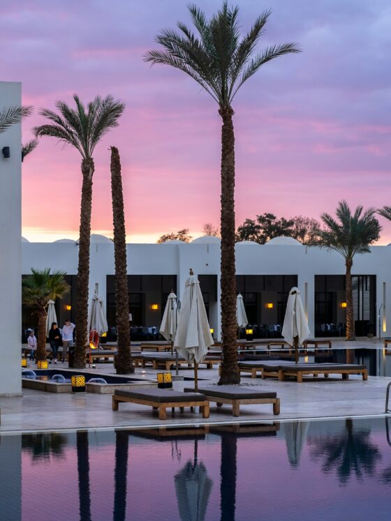 Resort pool area at sunset with white buildings, palm trees, and closed white umbrellas along the deck, pink-purple sky reflections in the water.