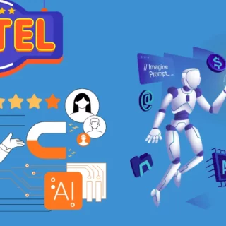 Bright hotel sign with a tech-themed scene: a human worker beside AI circuitry, a robot handshake, and a laptop on a blue background, representing AI in hospitality.