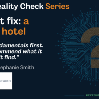 Promotional banner for The AI Reality Check Series with the headline 'AI won't fix: a broken hotel' and quote by Stephanie Smith; includes Cogwheel logo and a circuit-pattern question-mark design.
