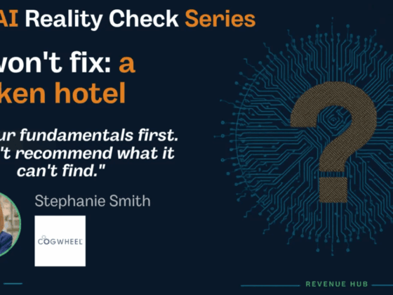 Promotional banner for The AI Reality Check Series with the headline 'AI won't fix: a broken hotel' and quote by Stephanie Smith; includes Cogwheel logo and a circuit-pattern question-mark design.
