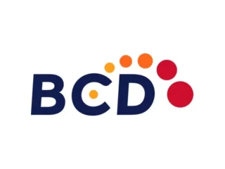 BCD logo: navy letters with orange and red circular accents forming an arc above the D.