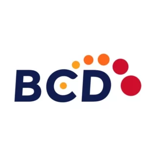 BCD logo: navy letters with orange and red circular accents forming an arc above the D.