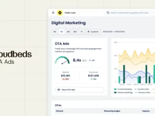 Cloudbeds OTA Ads logo on a beige grid background beside a Digital Marketing dashboard showing OTA Ads metrics and a large chart on the right.