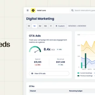 Cloudbeds OTA Ads logo on a beige grid background beside a Digital Marketing dashboard showing OTA Ads metrics and a large chart on the right.