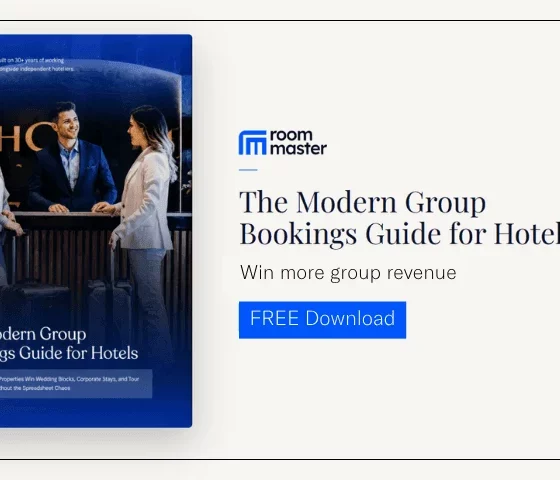 Advertisement showing a blue book cover titled 'The Modern Group Bookings Guide for Hotels' beside a promotional text and a 'FREE Download' button on the right.