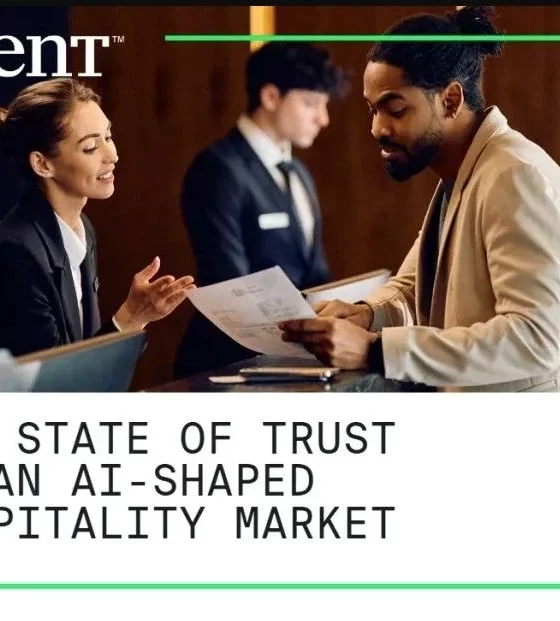 Cvent cover: two staff members discuss documents at a front desk, with the report title 'The State of Trust in an AI-Shaped Hospitality Market'.