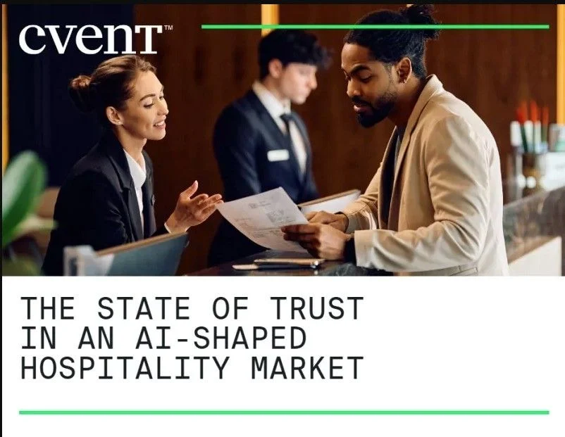 Cvent cover: two staff members discuss documents at a front desk, with the report title 'The State of Trust in an AI-Shaped Hospitality Market'.