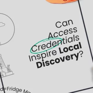 Infographic panel asking if access credentials can inspire local discovery, with a circled word ‘Credentials’ amid travel-sketch icons and a teapot drawing.