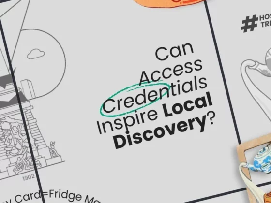 Infographic panel asking if access credentials can inspire local discovery, with a circled word ‘Credentials’ amid travel-sketch icons and a teapot drawing.
