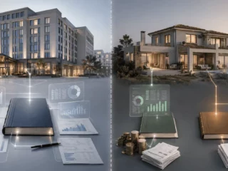 Split-screen concept showing commercial real estate investment on the left and luxury residential real estate on the right, with financial charts and documents overlaying each scene.