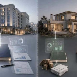 Split-screen concept showing commercial real estate investment on the left and luxury residential real estate on the right, with financial charts and documents overlaying each scene.