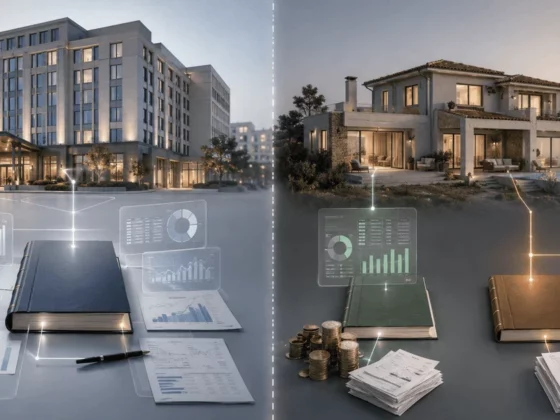 Split-screen concept showing commercial real estate investment on the left and luxury residential real estate on the right, with financial charts and documents overlaying each scene.