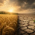 Split landscape: lush golden wheat field on the left and cracked dry soil with a small green seedling on the right under a warm sunset, birds in the sky.