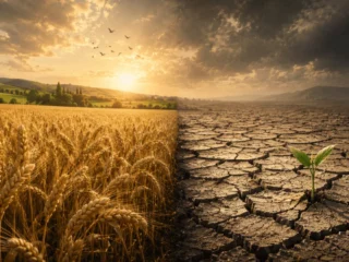 Split landscape: lush golden wheat field on the left and cracked dry soil with a small green seedling on the right under a warm sunset, birds in the sky.