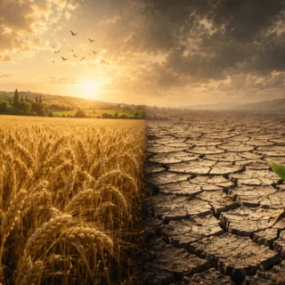 Split landscape: lush golden wheat field on the left and cracked dry soil with a small green seedling on the right under a warm sunset, birds in the sky.