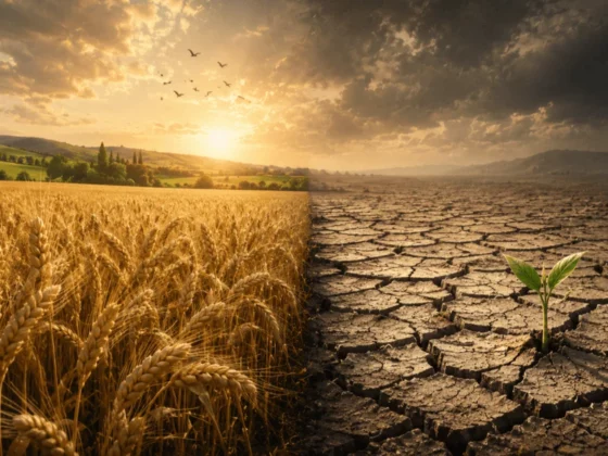 Split landscape: lush golden wheat field on the left and cracked dry soil with a small green seedling on the right under a warm sunset, birds in the sky.