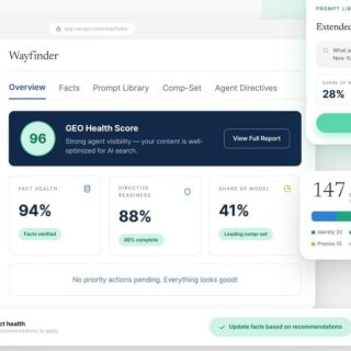 UI mockup of a Wayfinder dashboard with a left navigation panel, a main overview area showing a GEO Health Score card and metric tiles, and floating data panels on a pastel background.