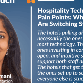 Portrait of a smiling woman speaker on a blue banner about hospitality technology pain points and hoteliers switching systems.