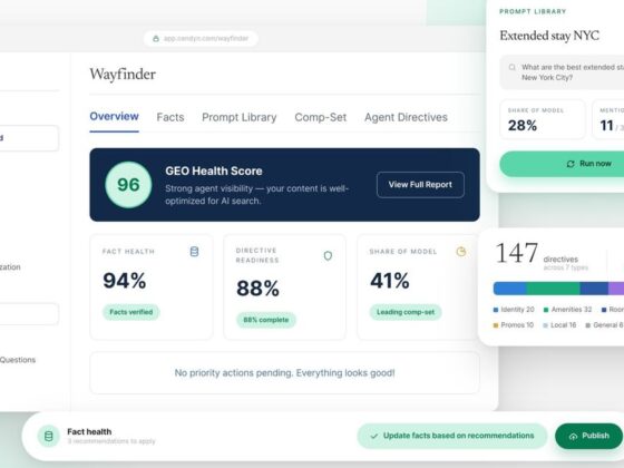 UI mockup of a Wayfinder dashboard with a left navigation panel, a main overview area showing a GEO Health Score card and metric tiles, and floating data panels on a pastel background.