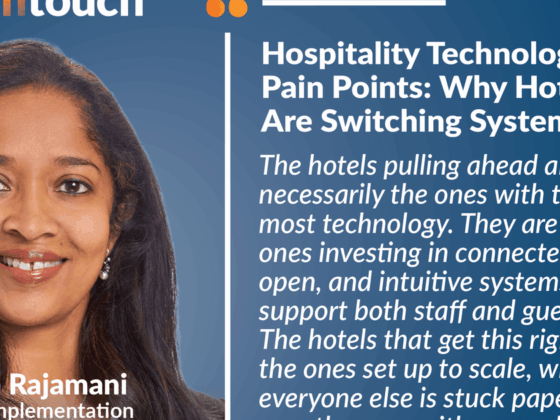 Portrait of a smiling woman speaker on a blue banner about hospitality technology pain points and hoteliers switching systems.