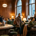 Bartender pours a cocktail at a curved marble bar while patrons chat in a wood-paneled lounge.
