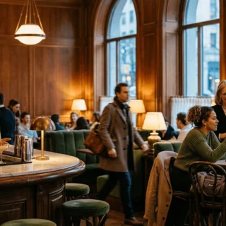 Bartender pours a cocktail at a curved marble bar while patrons chat in a wood-paneled lounge.