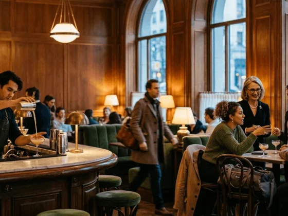 Bartender pours a cocktail at a curved marble bar while patrons chat in a wood-paneled lounge.