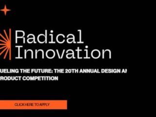 Radical Innovation logo on a black background with a white slogan about the 20th annual Design AI Product Competition and an orange 'Click here to apply' button.