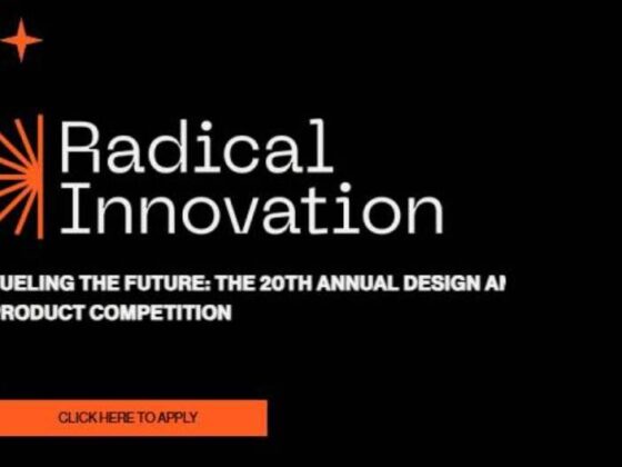 Radical Innovation logo on a black background with a white slogan about the 20th annual Design AI Product Competition and an orange 'Click here to apply' button.