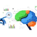 Blue robotic hand points at a colorful, geometric brain labeled AI, surrounded by charts and graphs for data analysis concept—AI visualization.