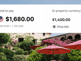 Checkout total: $1,680 USD and €1,400 EUR shown with a US flag, over a garden courtyard scene.