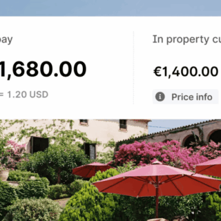Checkout total: $1,680 USD and €1,400 EUR shown with a US flag, over a garden courtyard scene.