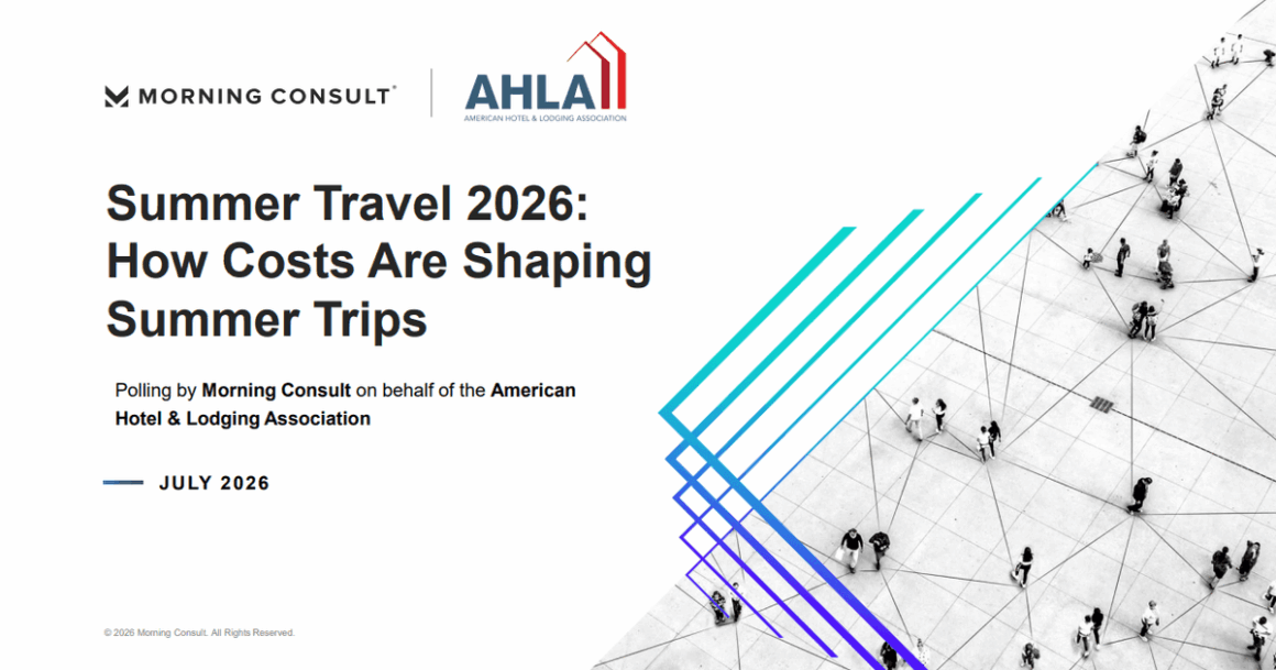 Cover slide for a report: 'Summer Travel 2026: How Costs Are Shaping Summer Trips' with Morning Consult and AHLA logos, over a grayscale aerial photo with cyan diagonal lines.