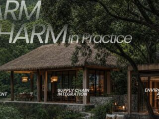 Rustic lodge in a forest setting with an overhead tree and glass walls; large overlay text reads 'Farm Charm in Practice' with sublabels 'Active Engagement', 'Supply Chain Integration', and 'Environmental Alignment'.