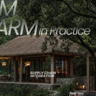 Rustic lodge in a forest setting with an overhead tree and glass walls; large overlay text reads 'Farm Charm in Practice' with sublabels 'Active Engagement', 'Supply Chain Integration', and 'Environmental Alignment'.