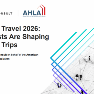 Cover slide for a report: 'Summer Travel 2026: How Costs Are Shaping Summer Trips' with Morning Consult and AHLA logos, over a grayscale aerial photo with cyan diagonal lines.